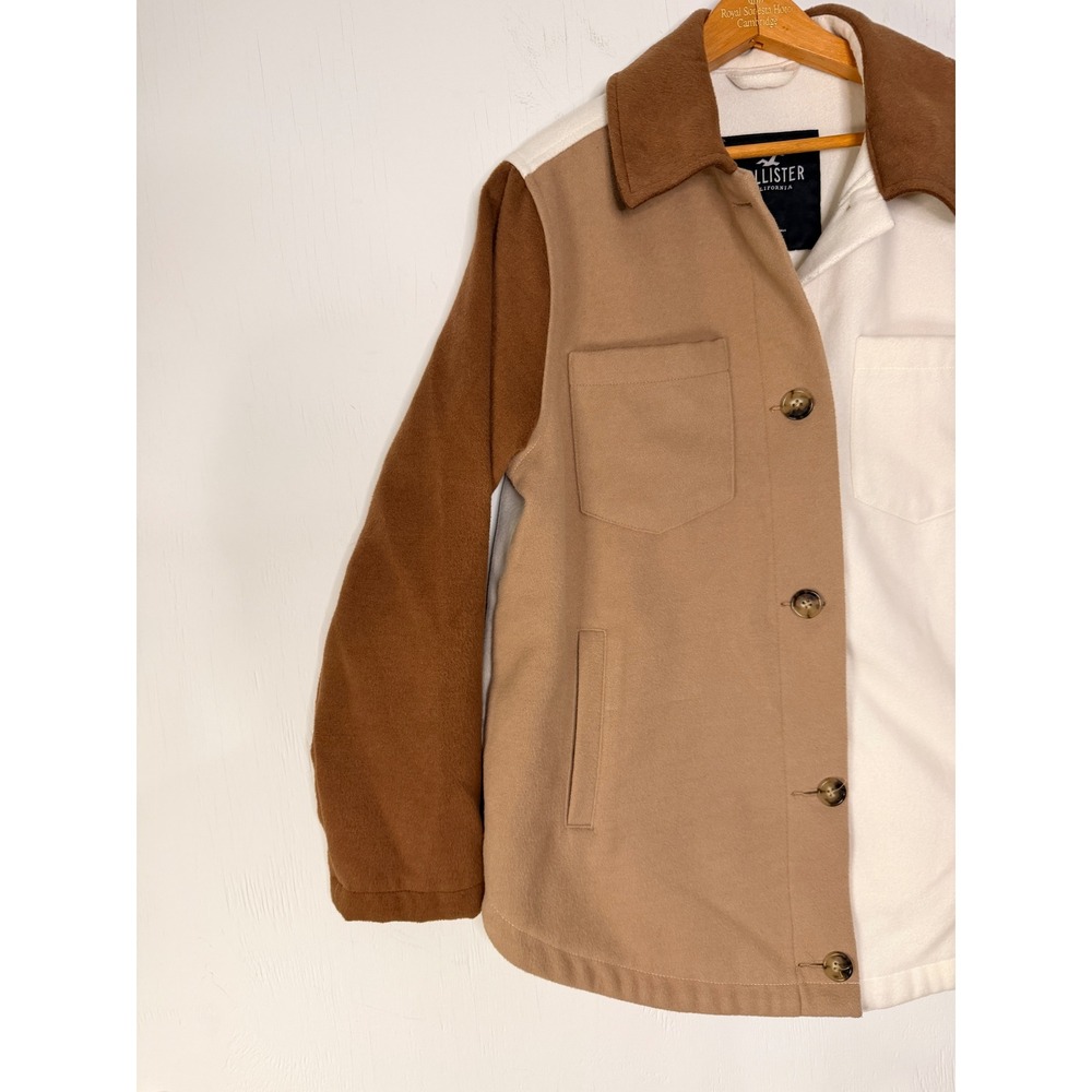 Hollister Colorblock Fleece Shirt Jacket Shacket Brown Cream Tan Small Oversized - Picture 2 of 15